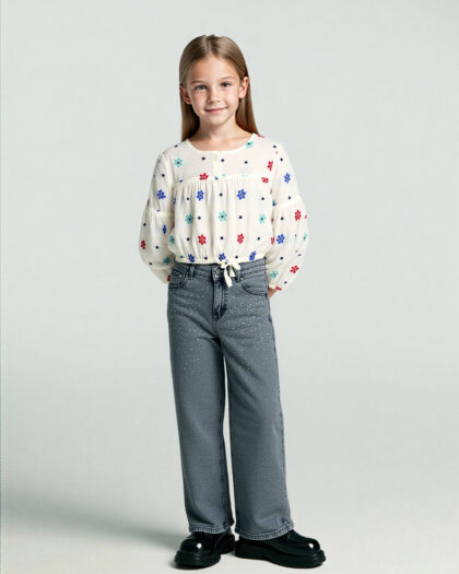 Kız Çocuk Beyaz Çiçek Desenli Uzun Kol Lastikli Bluz