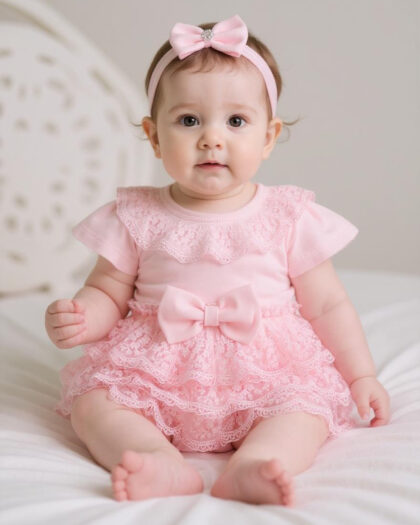 Kız Bebek Dantel Detaylı Çıtçıtlı Tulum Bandana Hediyeli