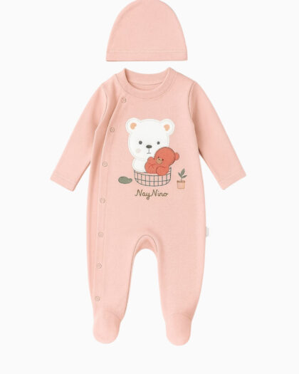 Kız Bebek Şapkalı Uzun Kollu Önden Çıtçıtlı Ayaklı Tulum Pembe