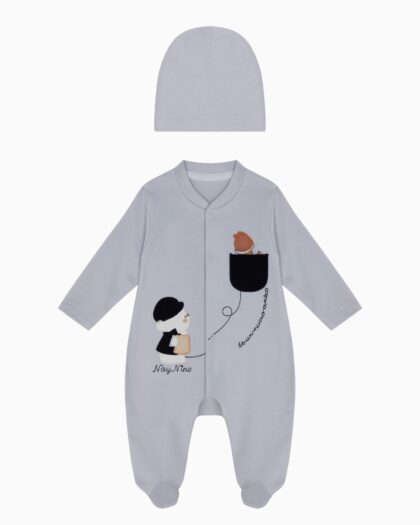 Erkek Bebek Ayıcıklı Uzun Kol Çıtçıtlı Şapkalı Tulum Mavi