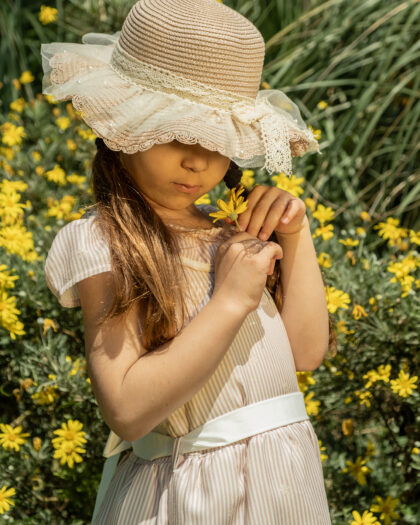 Kız Çocuk Pembe Çizgili ve Kuşaklı Şapkalı Elbise