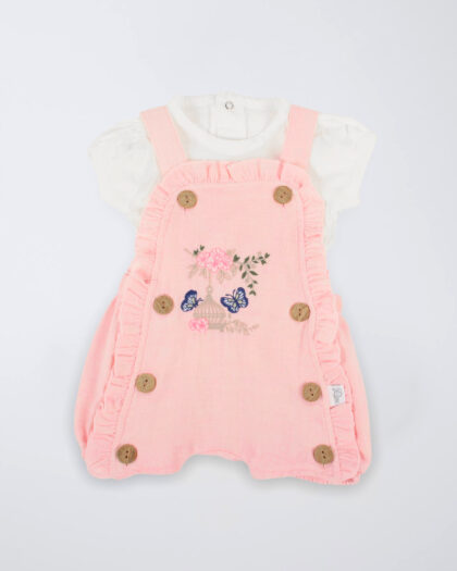 Kız Bebek İkili Salopet Nakışlı Takım Pembe