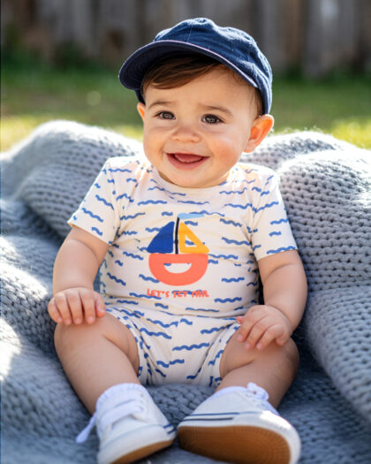 Erkek Bebek Ekru Mavi Desenli Şort Tulum