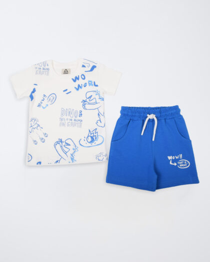 Erkek Bebek Mavi Desenli Lastikli Şortlu Takım (1)