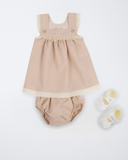 Kız Bebek Bej Renk Beyaz Puantiyeli Dantel Detaylı Elbise