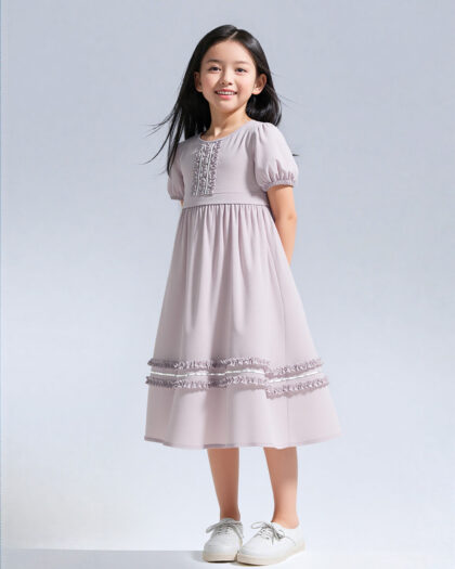 Kız Çocuk Beli Kuşaklı Yaka ve Etek Fırfır Detaylı Elbise