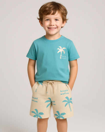 Erkek Çocuk Turkuaz Tişörtü Desenli Alt Üst Şortlu Takım