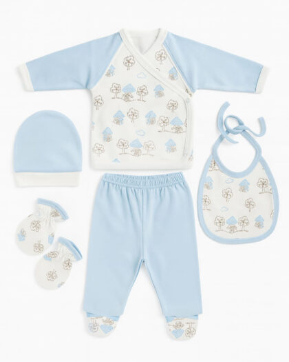 Erkek Bebek Mavi Ekru Desenli 5'li Set