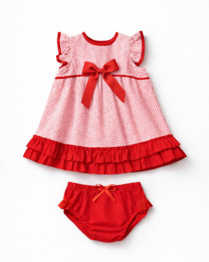 Kız Bebek Kırmızı Renk Külot Hediyeli Fiyonklu Elbise