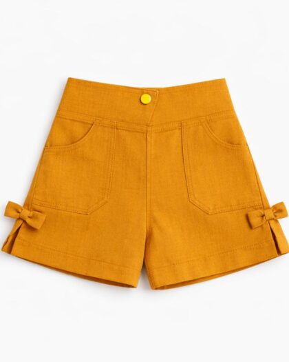 Kız Bebek Yan Detay Fiyonklu Turuncu Renk Keten Şort