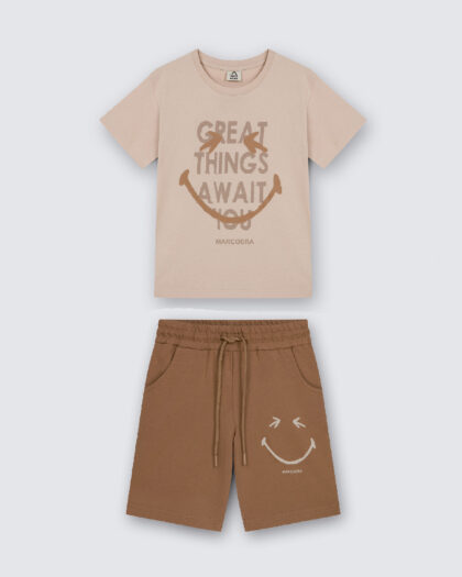 Erkek Çocuk İkili Üstü Açık Kahve Desenli Şortlu Takım