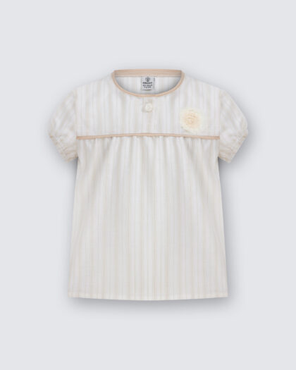 Kız Çocuk Bej Çizgili Desenli Düğme ve Biye Detaylı Keten Bluz