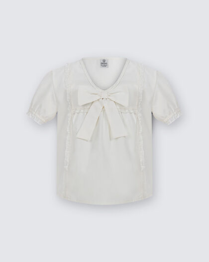Kız Çocuk Beyaz Ekru Dantel ve Fiyonk Detaylı Bluz