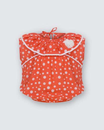 Kız Çocuk Turuncu Beyaz Puantiyeli Yaka ve Gül Detaylı Bluz