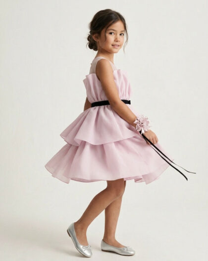 Kız Çocuk Lila Renk Göğüs Tüllü Beli Kemerli Abiye Elbise Bileklik Hediyeli