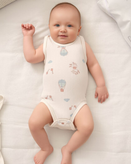 Erkek Bebek Ekru Desenli Çıtçıtlı Atlet Body