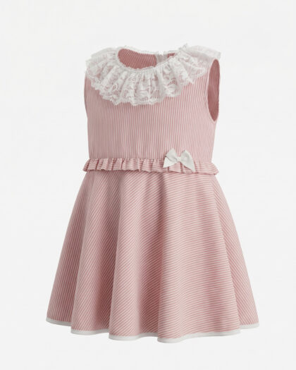 Kız Bebek Dantel Yakalı Pembe Çizgili Fistolu Elbise
