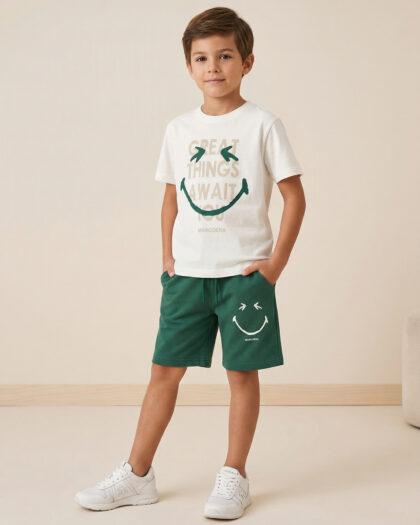 Erkek Çocuk İkili Ekru Yeşil Desenli Şortlu Takım