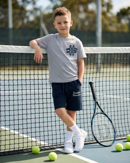 Erkek Çocuk İkili Üstü Gri Desenli Lacivert Şortlu Takım