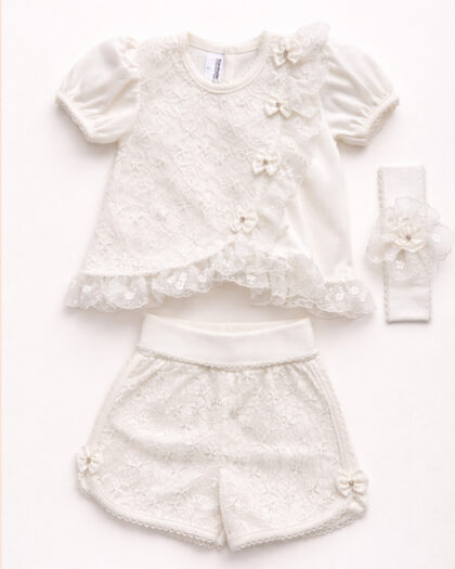 Kız Bebek Dantelli 3'lü Set Ekru