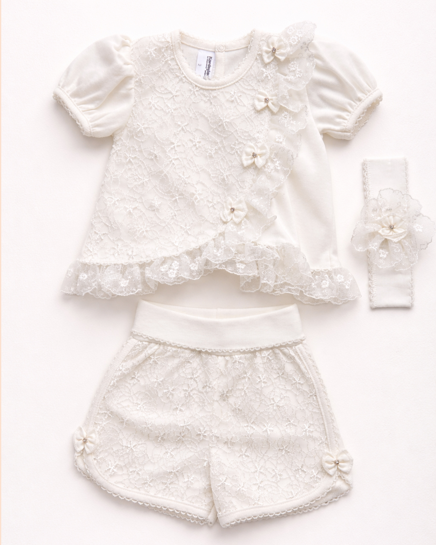 Kız Bebek Dantelli 3'lü Set Ekru
