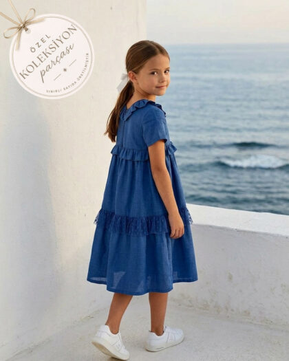 Kız Çocuk Mavi Renk Keten Yakası Fırfır Detaylı Elbise