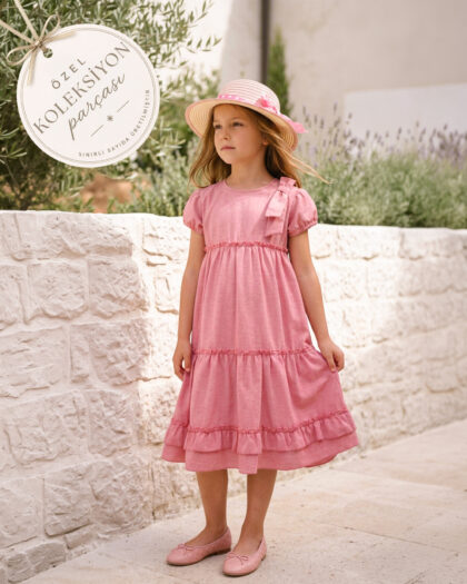 Kız Çocuk Şapkalı Büzgülü Fiyonklu Elbise