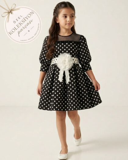 Kız Çocuk Siyah Renk Beyaz Puantiyeli Gül Detaylı Abiye Elbise