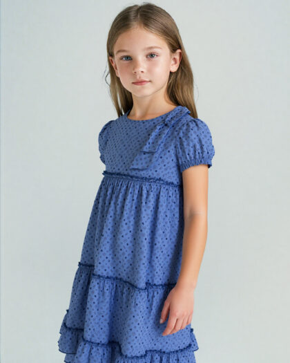 Kız Çocuk Mavi Renk Üzeri Desenli Fiyonk Detaylı Elbise