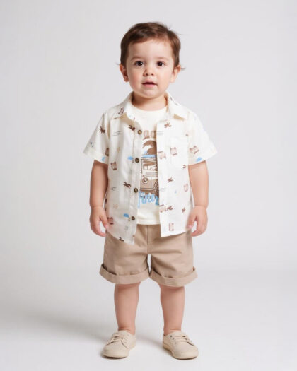 Erkek Bebek Ekru Renk Araba Desenli İçi Tişörtlü Gömlekli  3'lü Takım