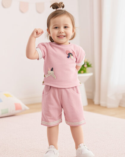 Kız Bebek İkili Düğme Detaylı Fistolu Şortlu Takım