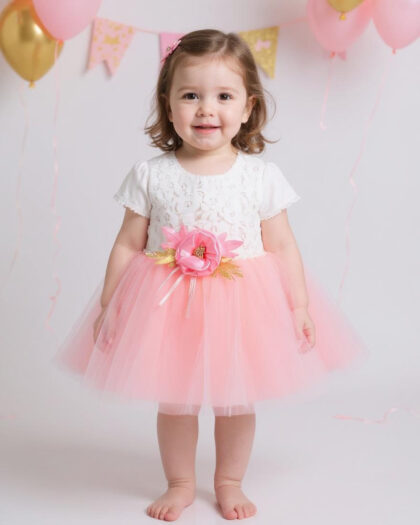 Kız Bebek Gül Detaylı Kısa Kollu Tütülü Elbise