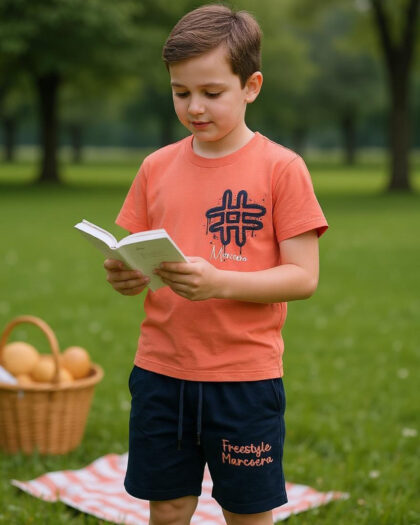 Erkek Çocuk İkili Üstü Mercan Renk Desenli Şortlu Takım