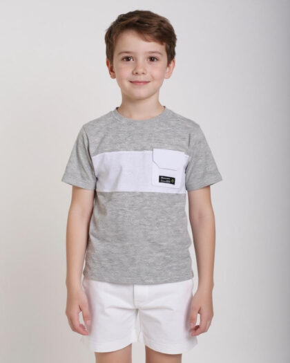 Erkek Çocuk Gri Beyaz Cep Detaylı Penye Tshirt