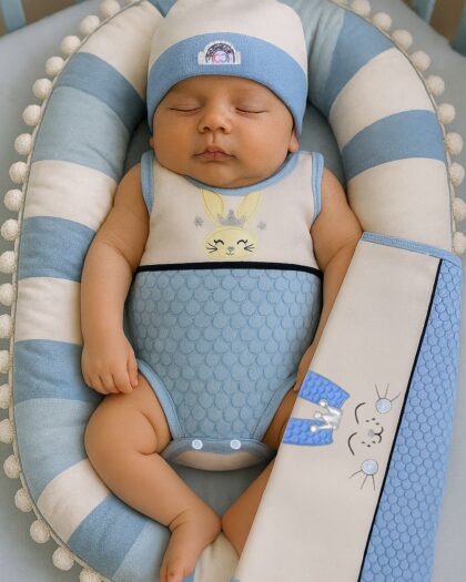 Erkek Bebek 10'lu Tavşan Figürlü Mavi Ekru Hastane Çıkışı