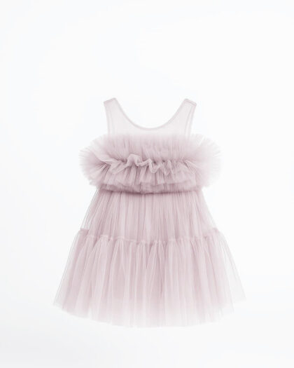 Kız Çocuk Lila Omuz ve Göğüs Detaylı Eteği Büzgülü Tüllü Abiye Elbise