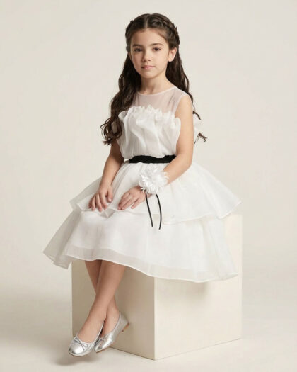 Kız Çocuk Beyaz Renk Göğüsü Tüllü Beli Kemerli Abiye Elbise