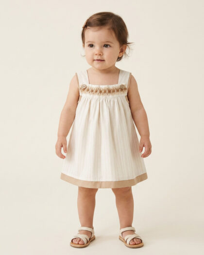 Kız Bebek Dantel Detaylı Bej Renk Çizgili Jile Elbise