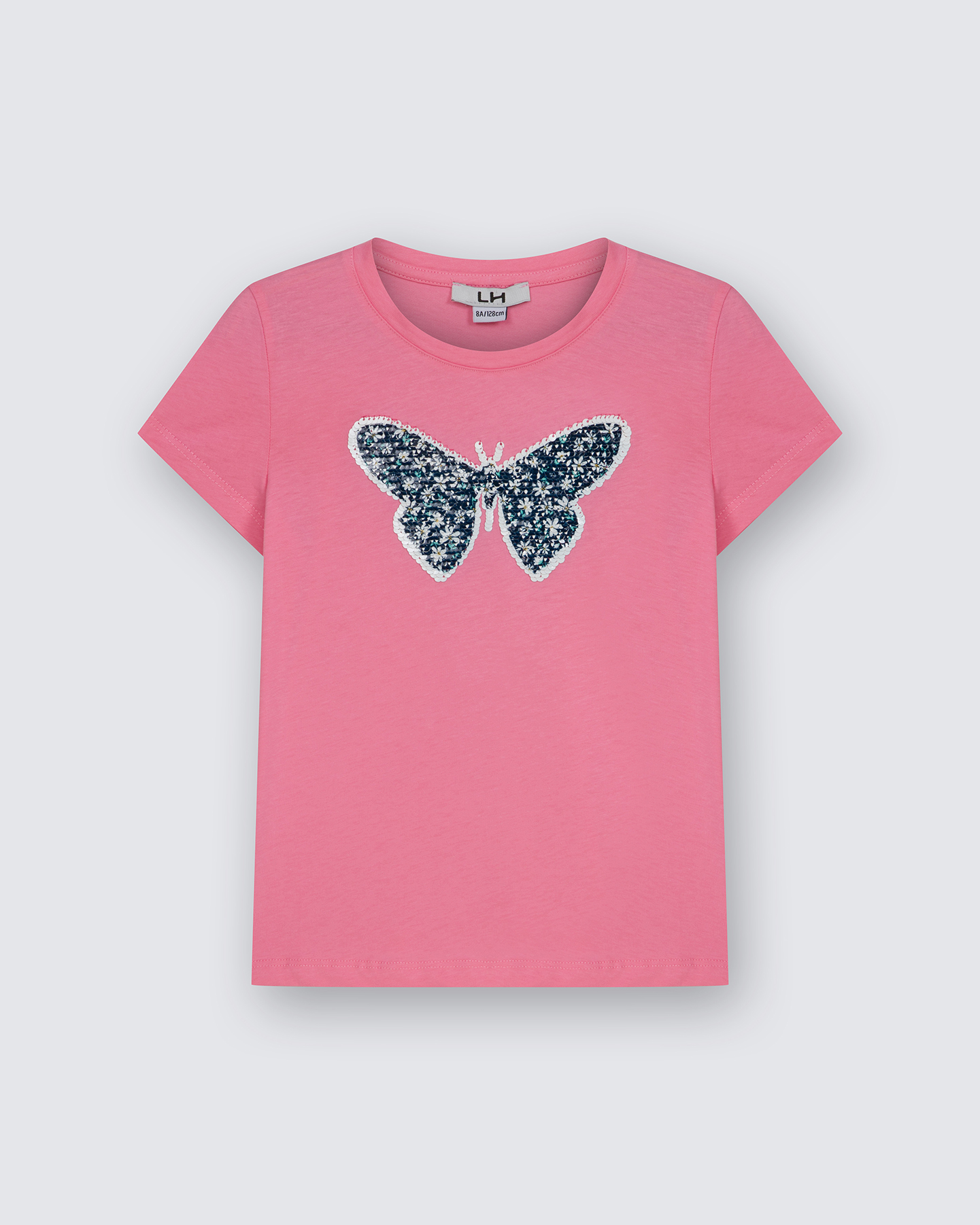 Kız Çocuk Pembe Bisiklet Yaka Kelebek Payet Detaylı Tshirt - Görsel 2