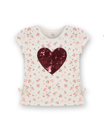 Kız Çocuk Üzeri Çiçek Desenli Kalpli Payet İşlemeli Tişört