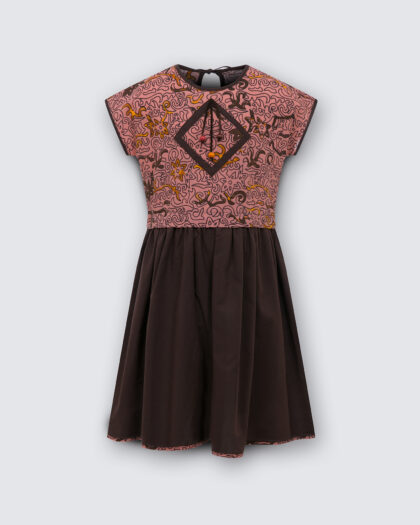 Kız Çocuk Kahve ve Somon Renk Desenli Etek Biyeli Elbise