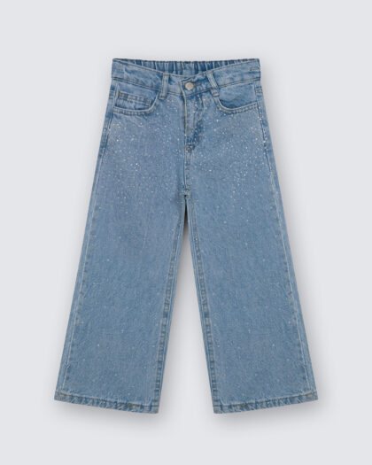 Kız Çocuk Pırıltı Taşlı İspanyol Arka Bel Lastikli Cepli Jean Pantolon