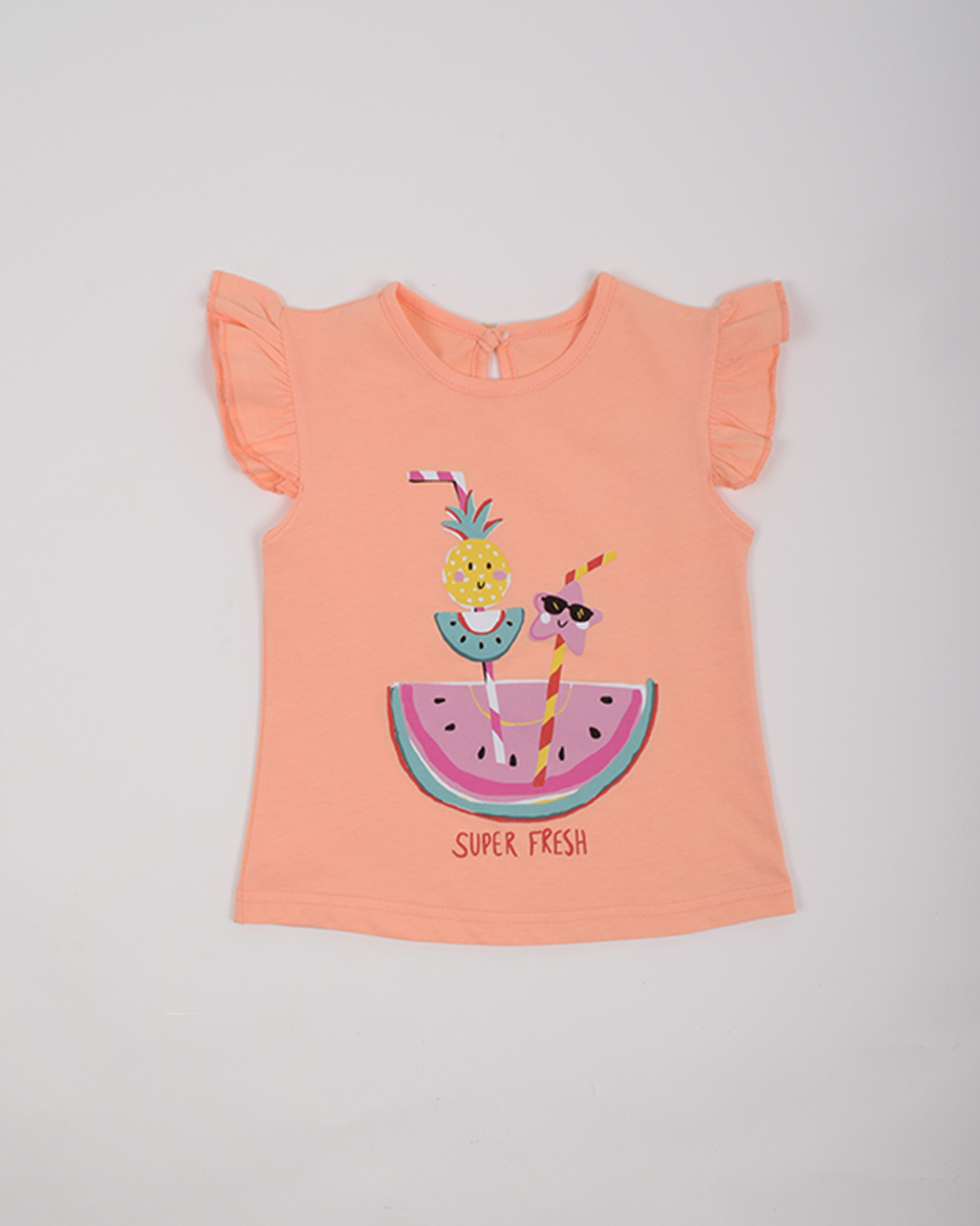 Kız Bebek Somon Renk Fırfırlı Kol Detaylı Penye Tshirt - Görsel 2