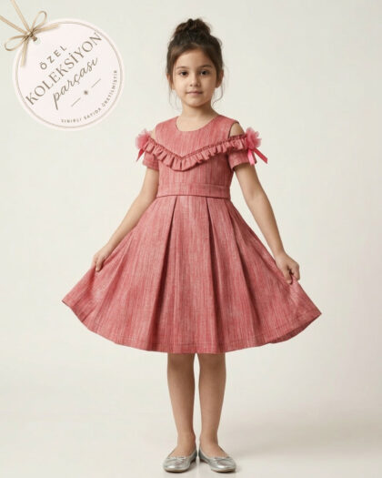 Kız Çocuk Kolu Gül Detaylı Fiyonklu Astarlı Pileli Elbise