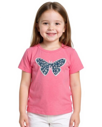 Kız Çocuk Pembe Bisiklet Yaka Kelebek Payet Detaylı Tişört