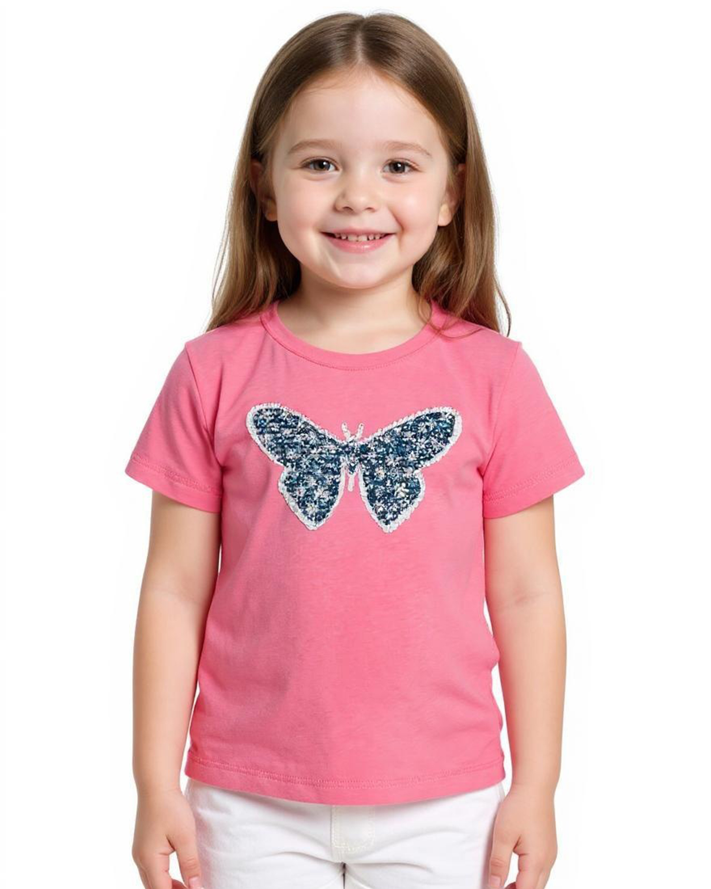 Kız Çocuk Pembe Bisiklet Yaka Kelebek Payet Detaylı Tshirt