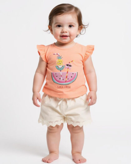 Kız Bebek Somon Renk Fırfırlı Kol Detaylı Penye Tshirt