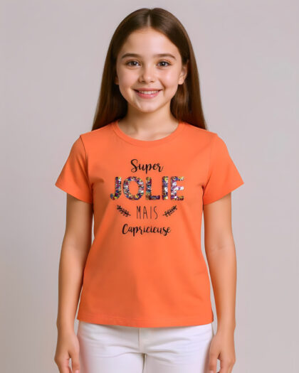 Kız Çocuk Turuncu Bisiklet Yaka Payet Detaylı Tişört