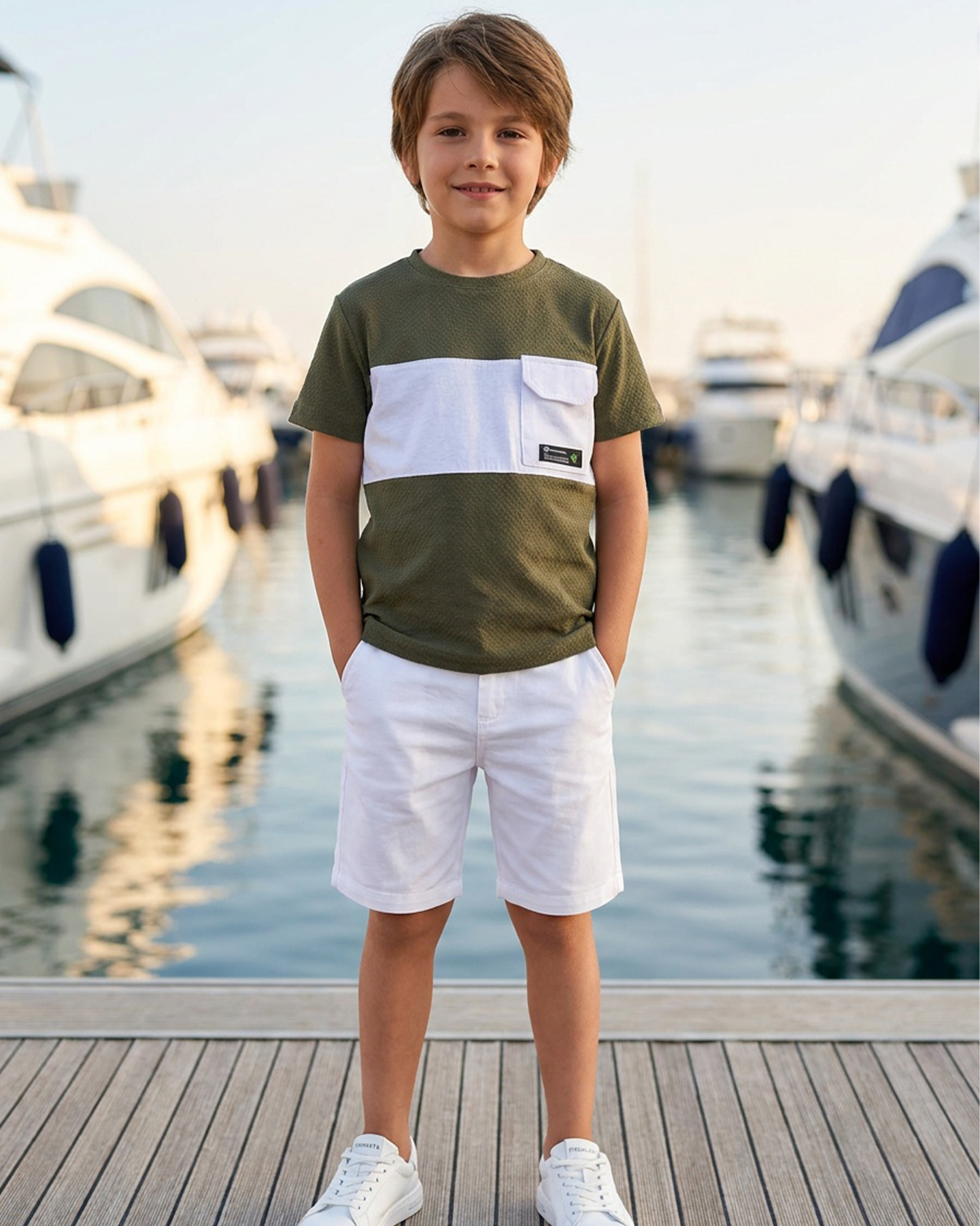 Erkek Çocuk Yeşil Beyaz Cep Detaylı Penye Tshirt