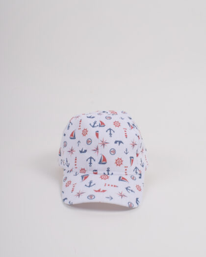 Erkek Çocuk Çapa ve Yelken Desenli Beyaz Şapka 4-8 Yaş